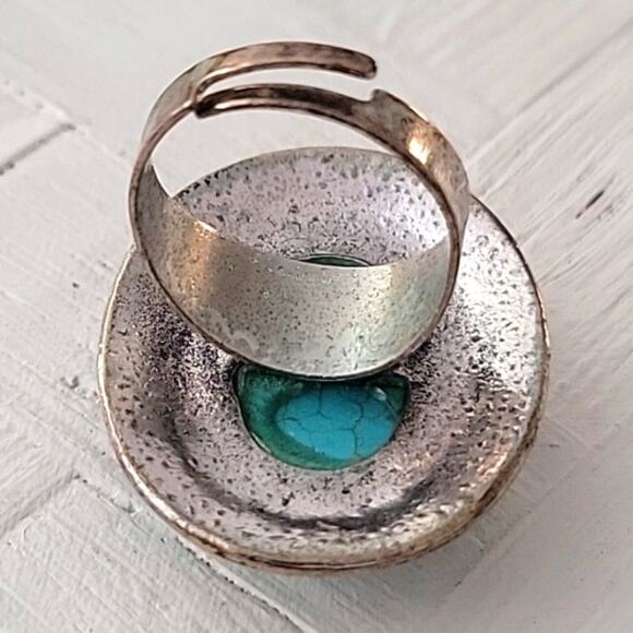 Faux Turquoise Large Adjustable Silverplate Ring Costume 1.5" x 1.25" - Picture 2 of 4